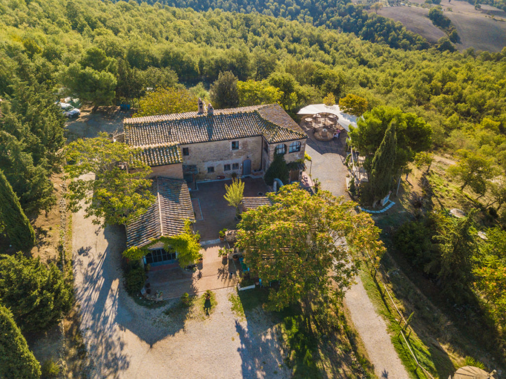 Aerial view of Podere il Casale Tuscan dairy farm and vineyard
